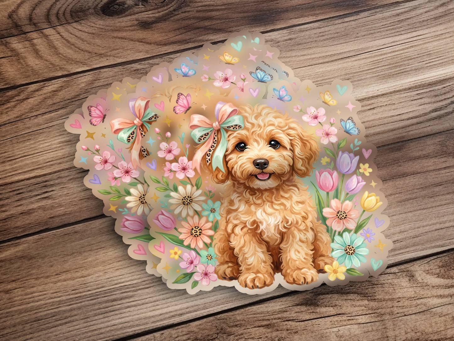 Golden doodle puppy with flowers and butterflies on a wooden background.