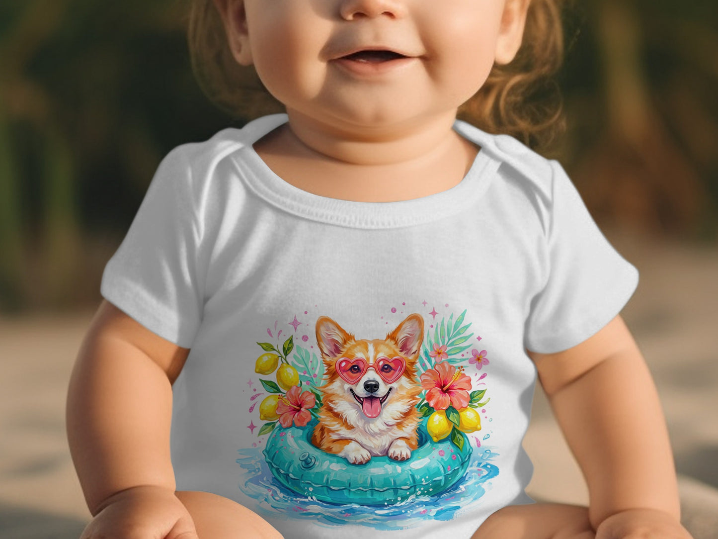 Baby wearing white bodysuit with corgi in pool float graphic.