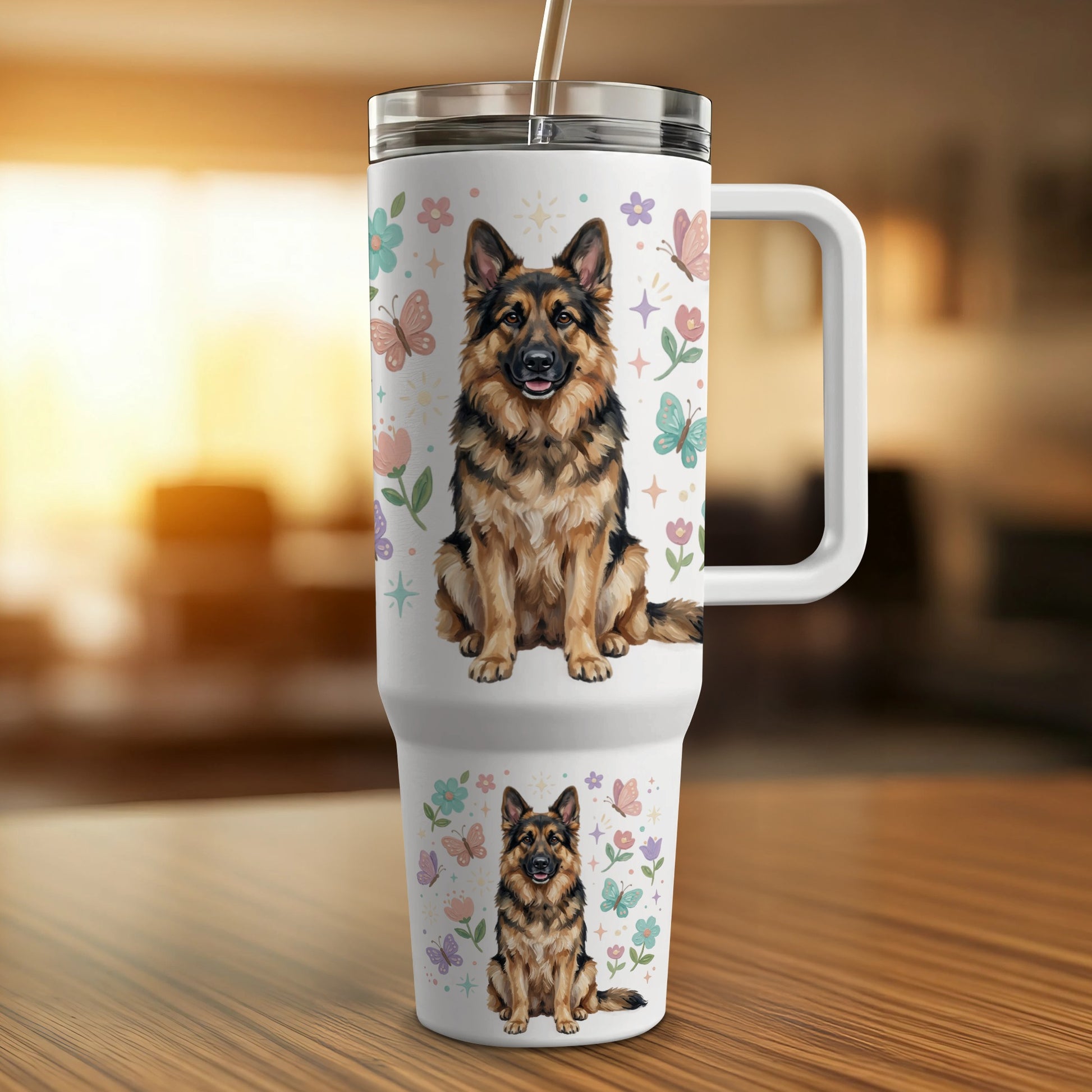 German Shepherd dog pattern on a large insulated travel mug.