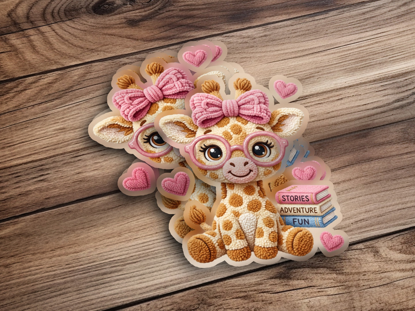 Two cute cartoon giraffes with pink bows and glasses, next to stacked books.