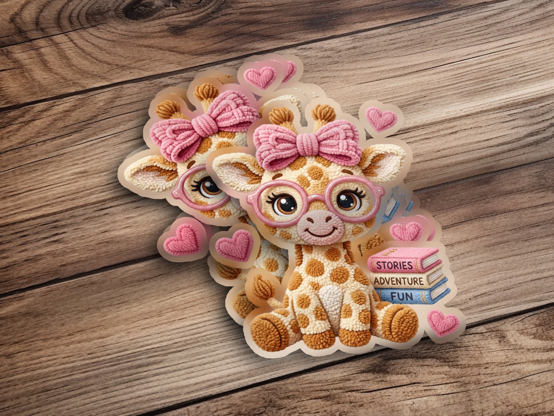 Two cute cartoon giraffes with pink bows and glasses, next to stacked books.