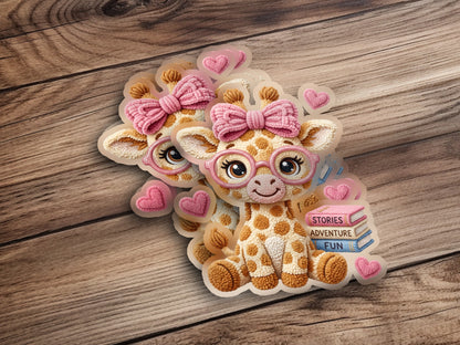 Two cute cartoon giraffes with pink bows and glasses, next to stacked books.