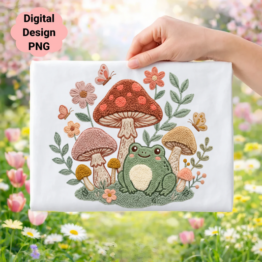 Embroidery of a frog, mushrooms, flowers, and butterflies on a white fabric.