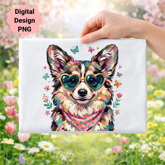 Corgi wearing heart sunglasses and a bandana with butterflies.