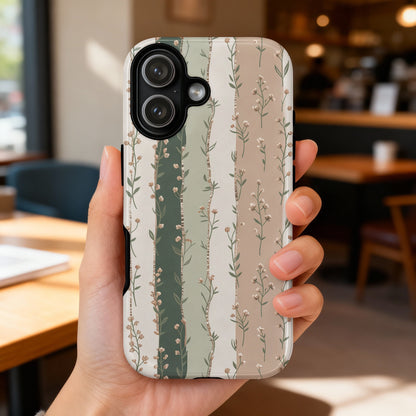 Phone case with a floral stripe pattern in green and beige tones.