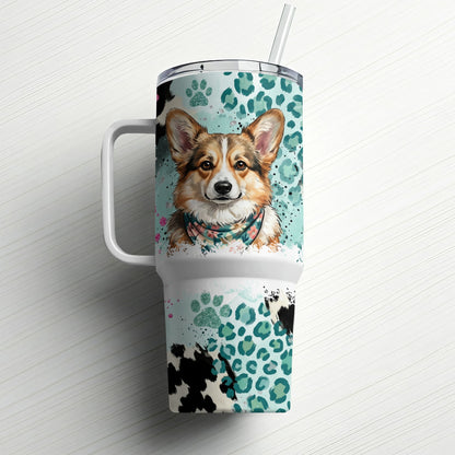 Corgi with bandana on leopard and cow print tumbler with straw.