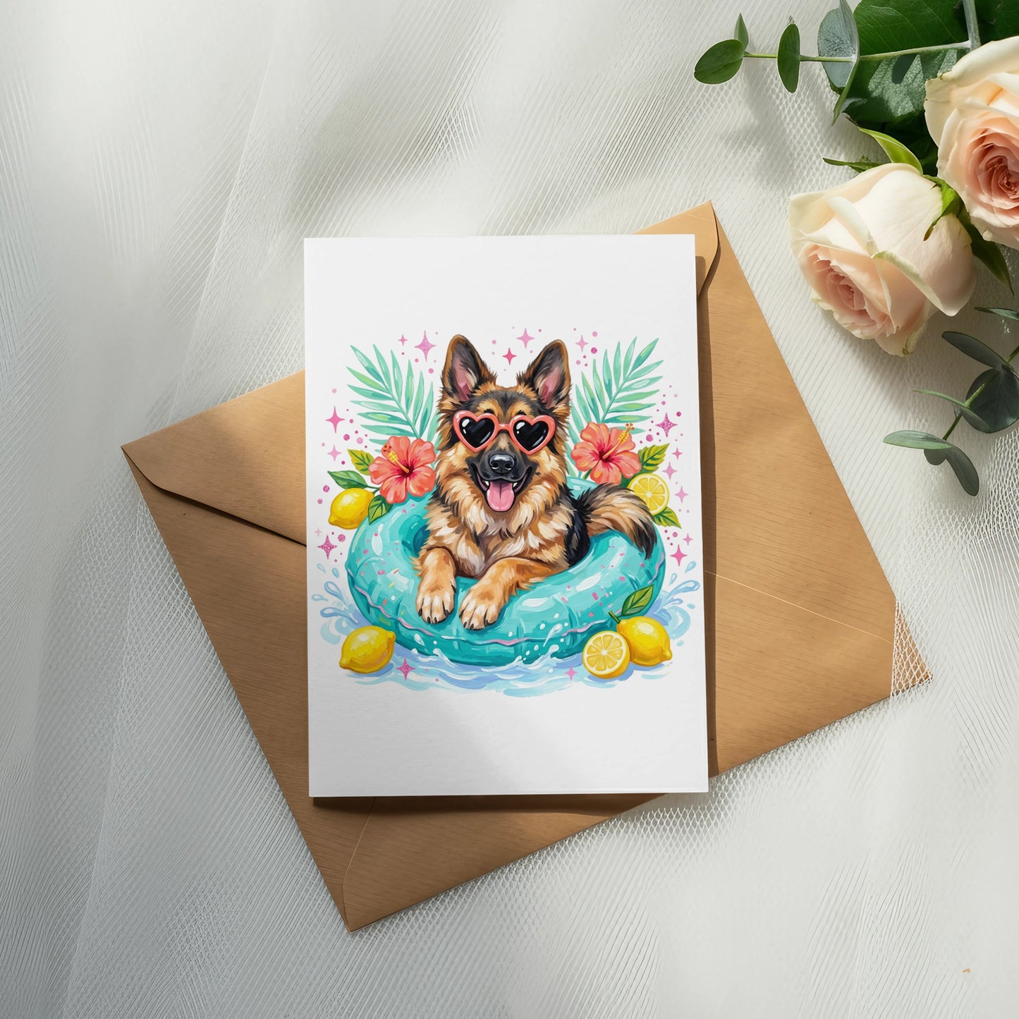German Shepherd wearing heart sunglasses in pool float, surrounded by lemons.