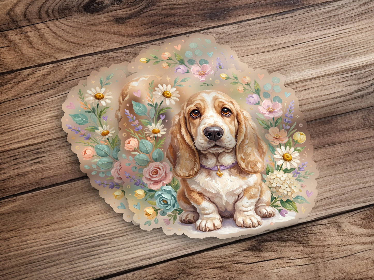Basset hound puppy surrounded by a floral wreath on a wooden background.