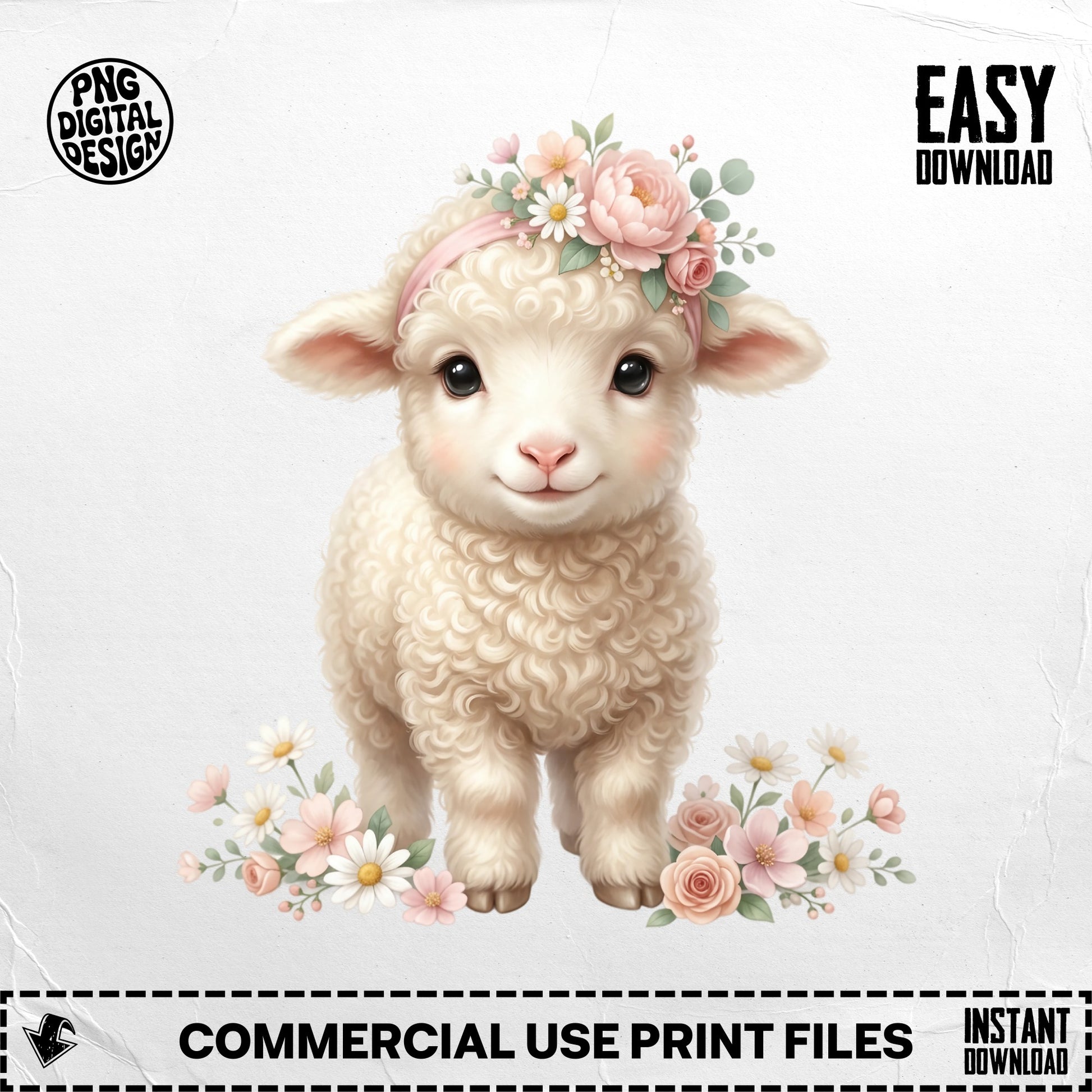 Cute fluffy lamb with floral crown, "Easy Download" text.