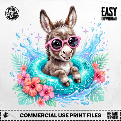 Donkey in sunglasses floats in inner tube surrounded by flowers and water splashes.