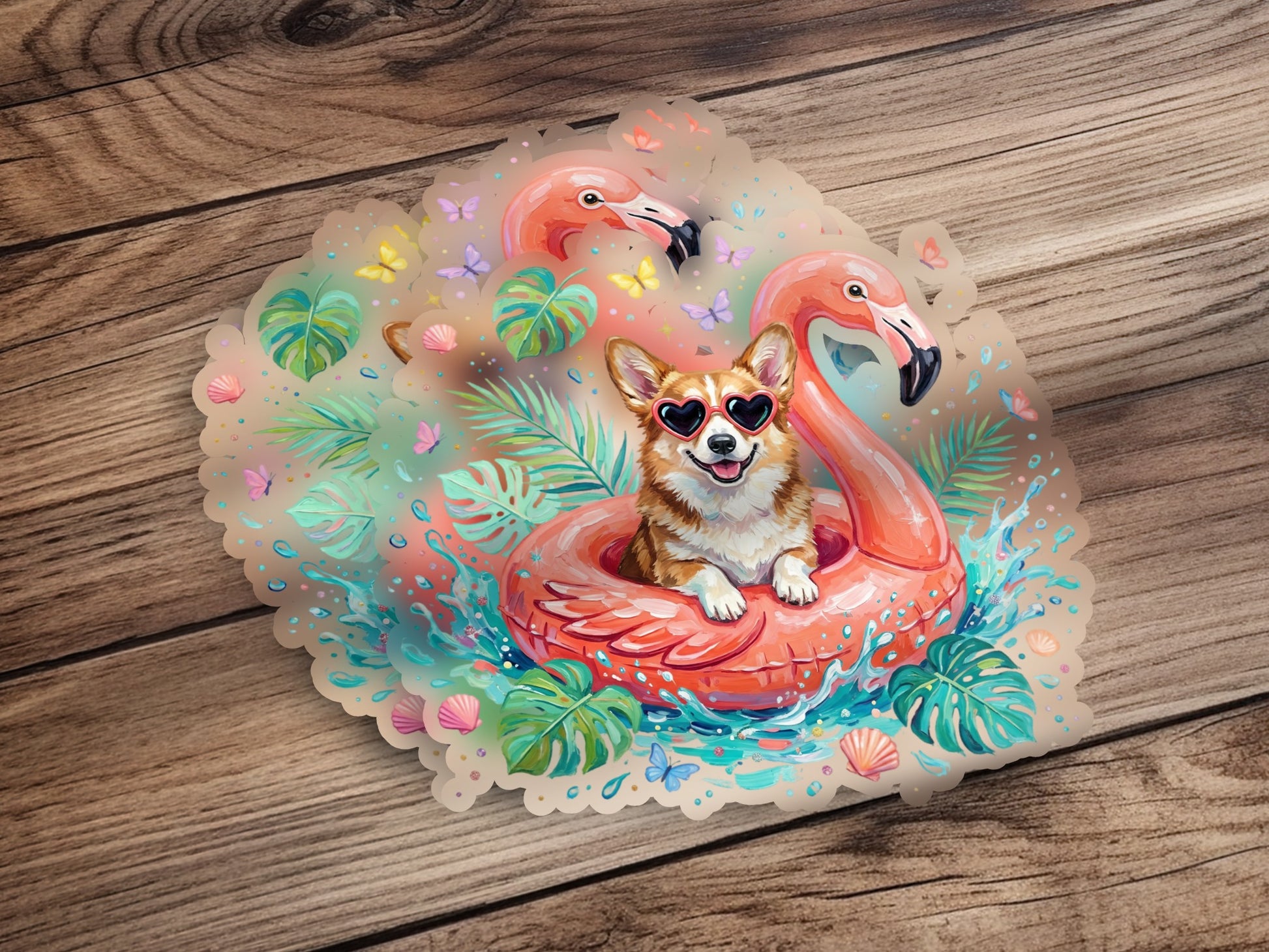 Corgi in heart sunglasses on flamingo float with tropical leaves and butterflies.