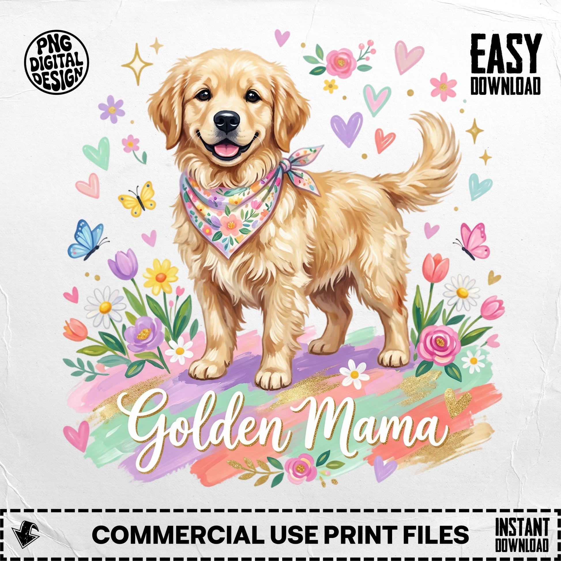 Golden Retriever wearing bandana surrounded by flowers and hearts, "Golden Mama" text.