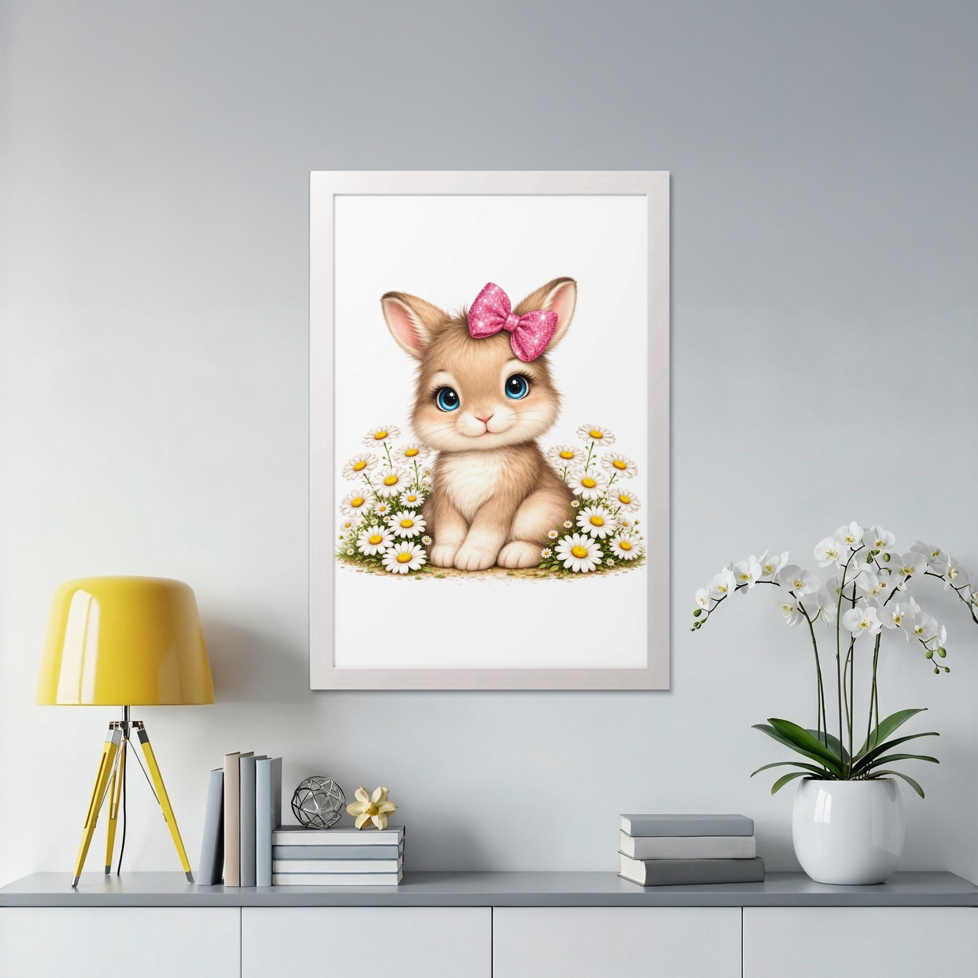 Cute cartoon bunny with pink bow sits in a field of daisies.