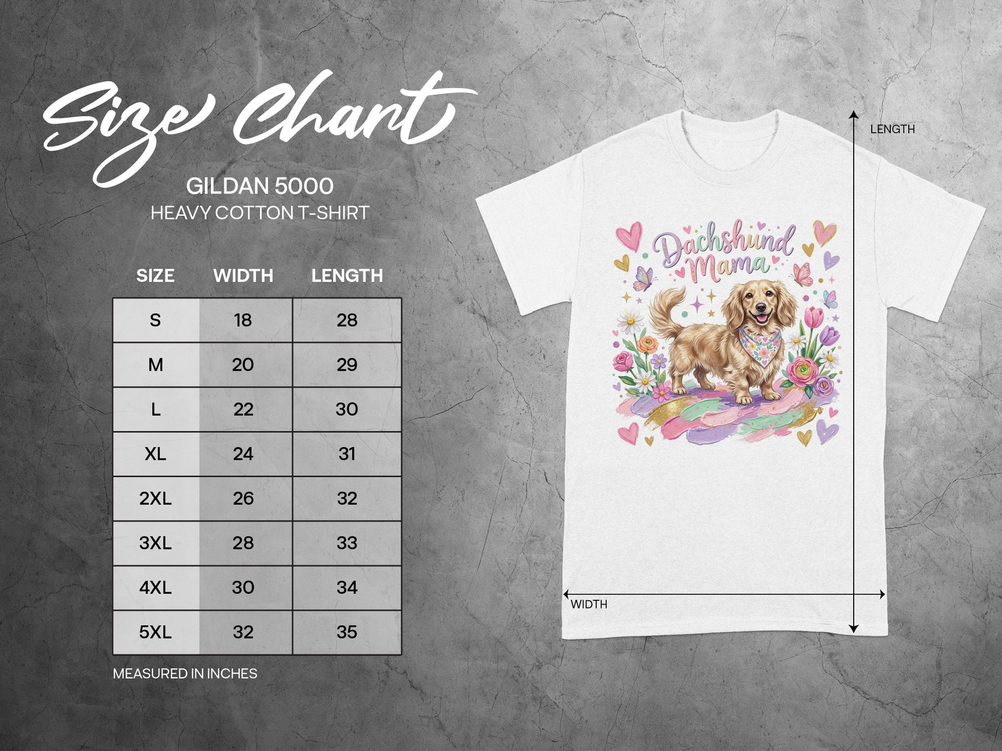Gildan 5000 t-shirt size chart with dog graphic and "Dachshund Mama" text.