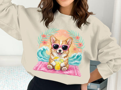 Corgi wearing sunglasses holds a drink on a pink towel with waves and leaves.