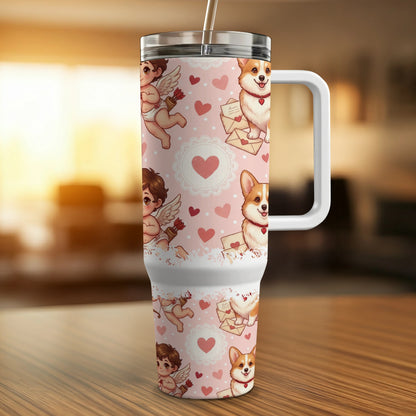 White tumbler with corgi and cupid pattern.