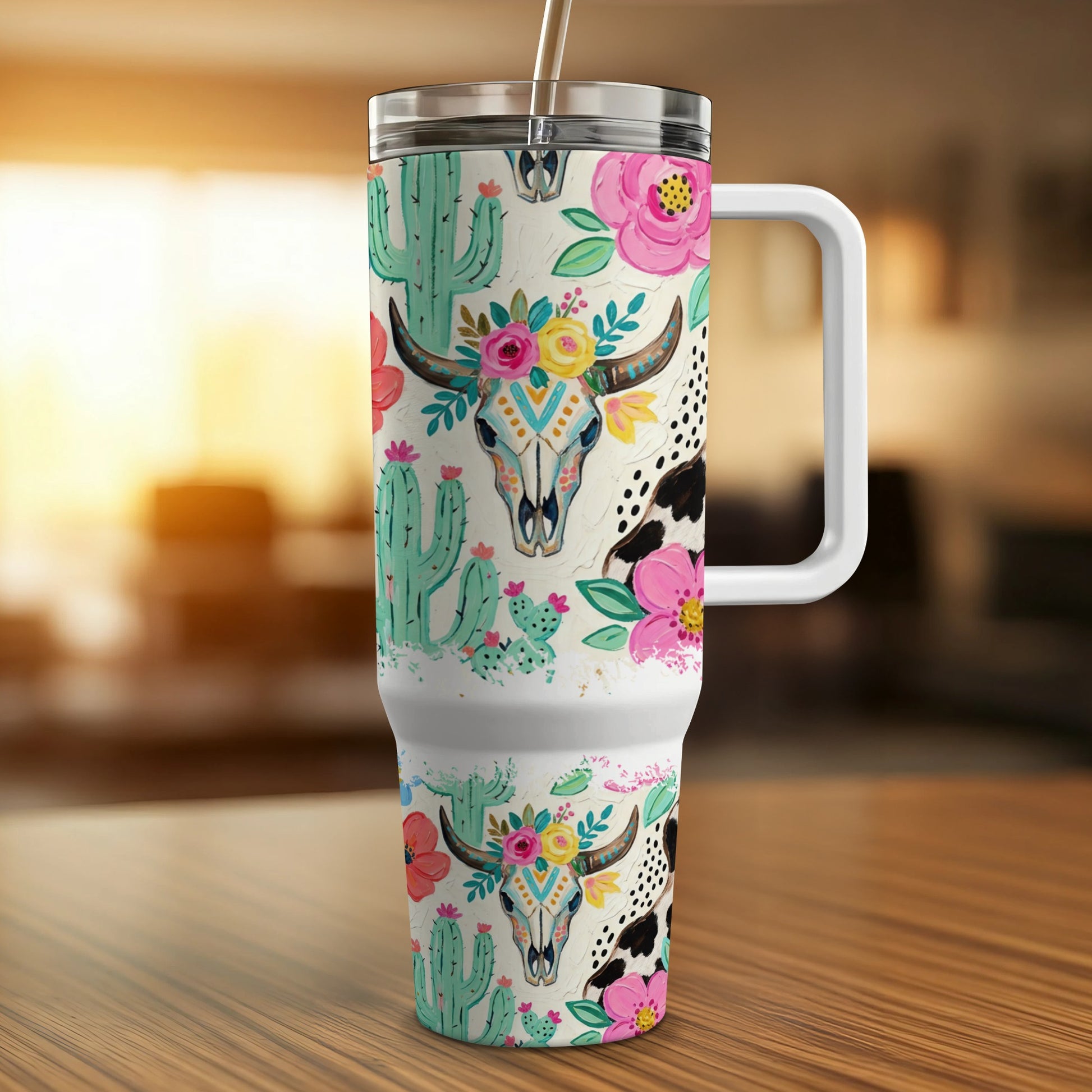 Tumbler with floral cow skull and cactus design.