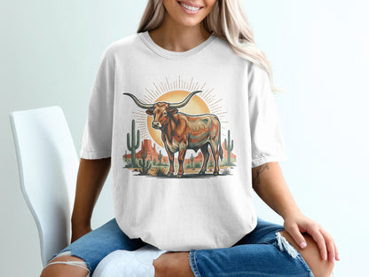White t-shirt with a vintage-style Texas Longhorn and desert scene graphic.