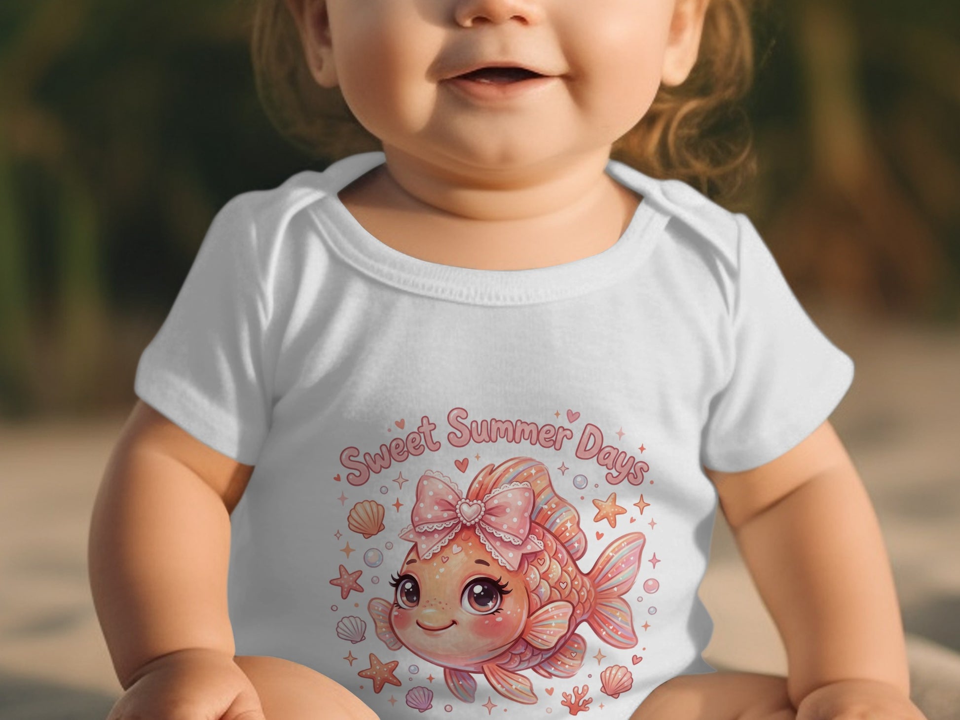 Baby in a white bodysuit with a cartoon goldfish and "Sweet Summer Days" text.
