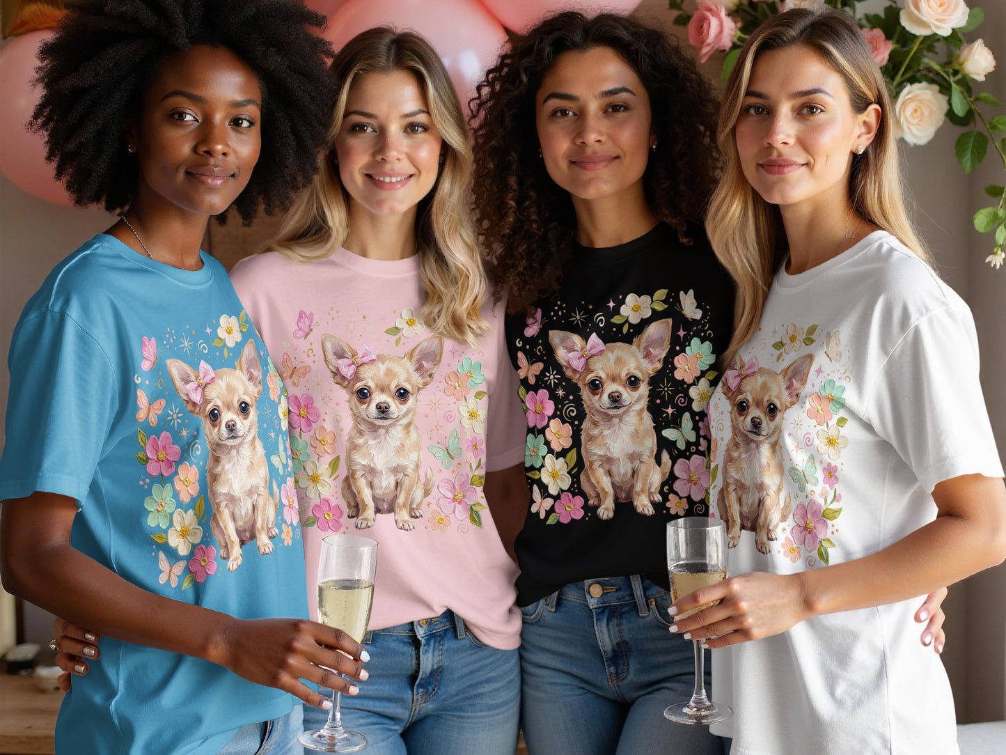 Four women wearing t-shirts with chihuahua graphics holding champagne glasses.