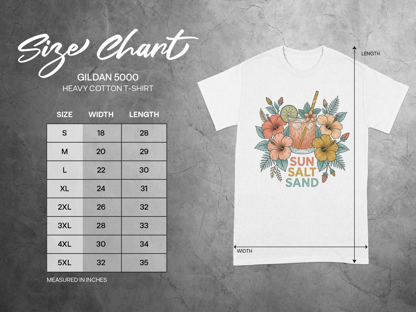 Gildan 5000 size chart showing measurements for t-shirts.