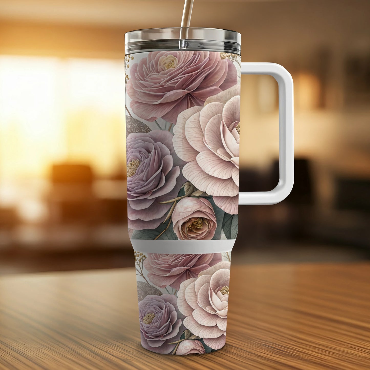 Floral patterned tumbler with handle and straw.
