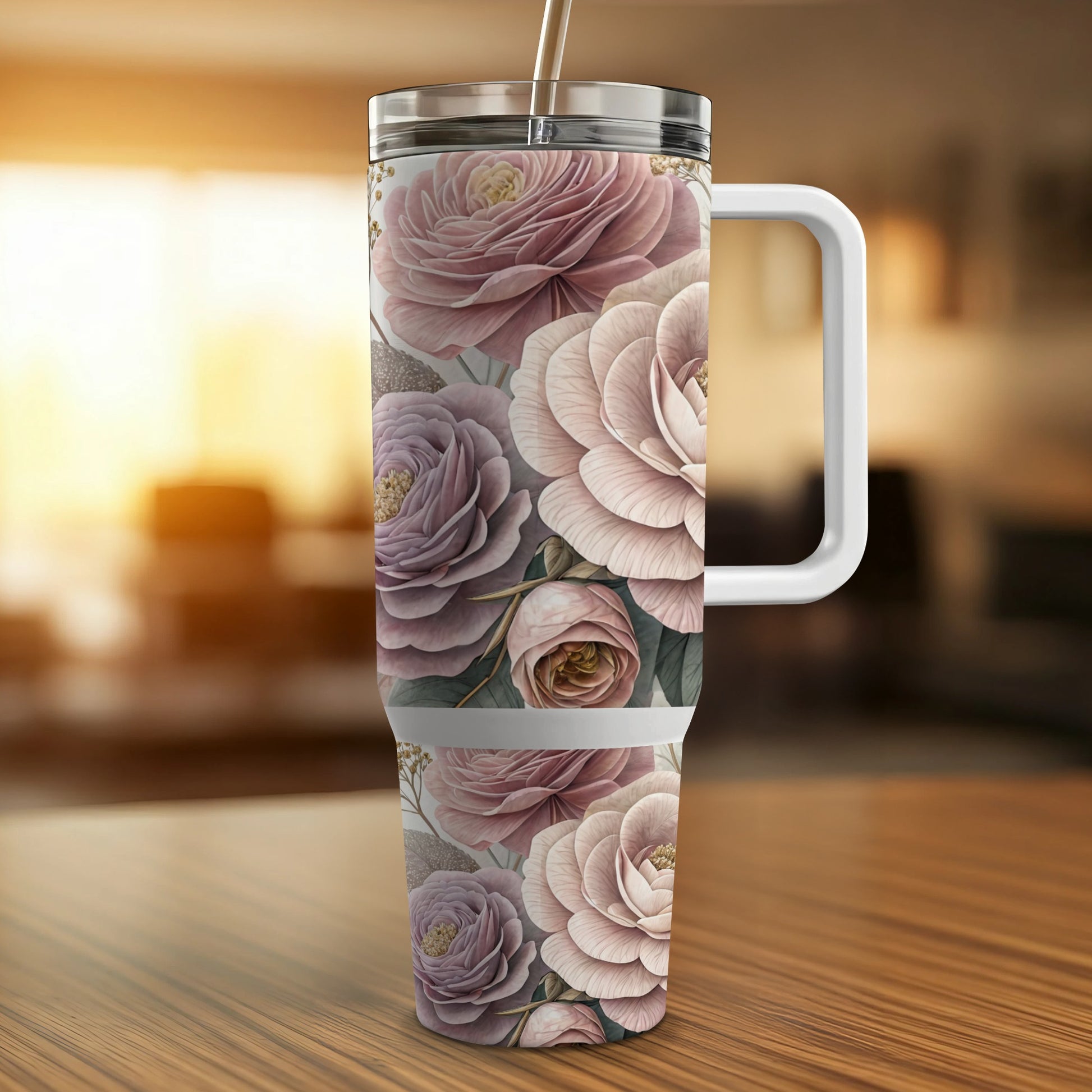 Floral patterned tumbler with handle and straw.