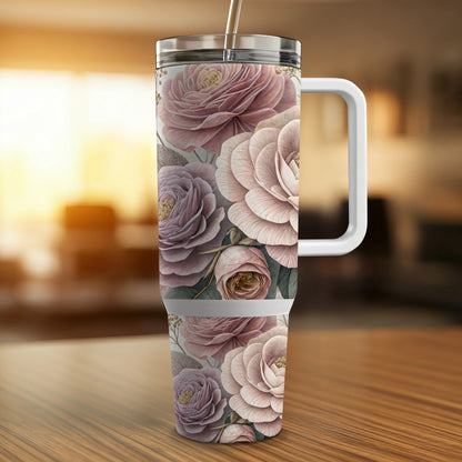 Floral patterned tumbler with handle and straw.
