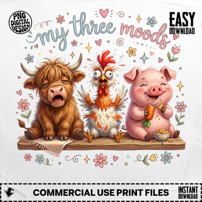 Three cartoon animals, a cow, chicken, and pig, sitting on a wooden plank.