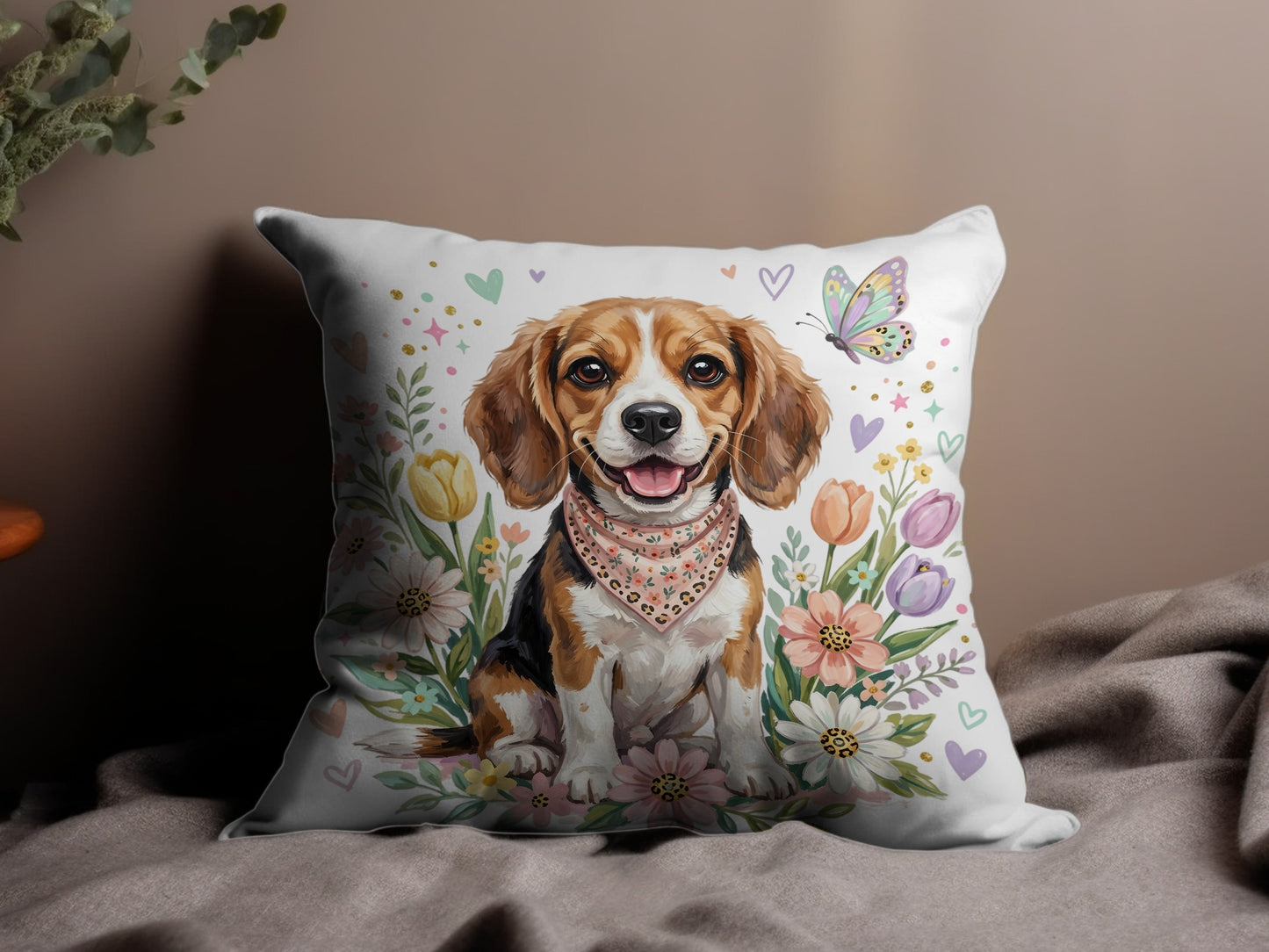 Beagle dog wearing a bandana surrounded by flowers and butterflies.