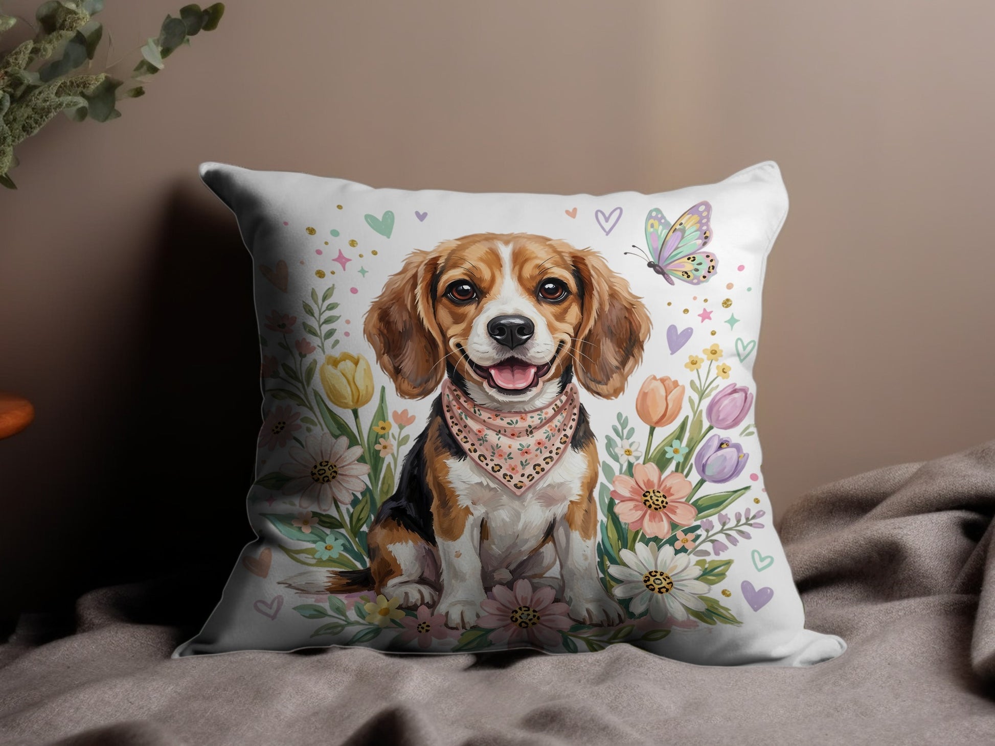 Beagle dog wearing a bandana surrounded by flowers and butterflies.