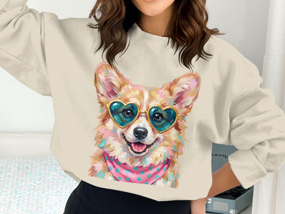 Corgi wearing heart-shaped sunglasses and polka dot bandana.