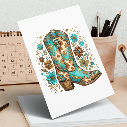 Turquoise cowboy boot with gold floral accents on white card.