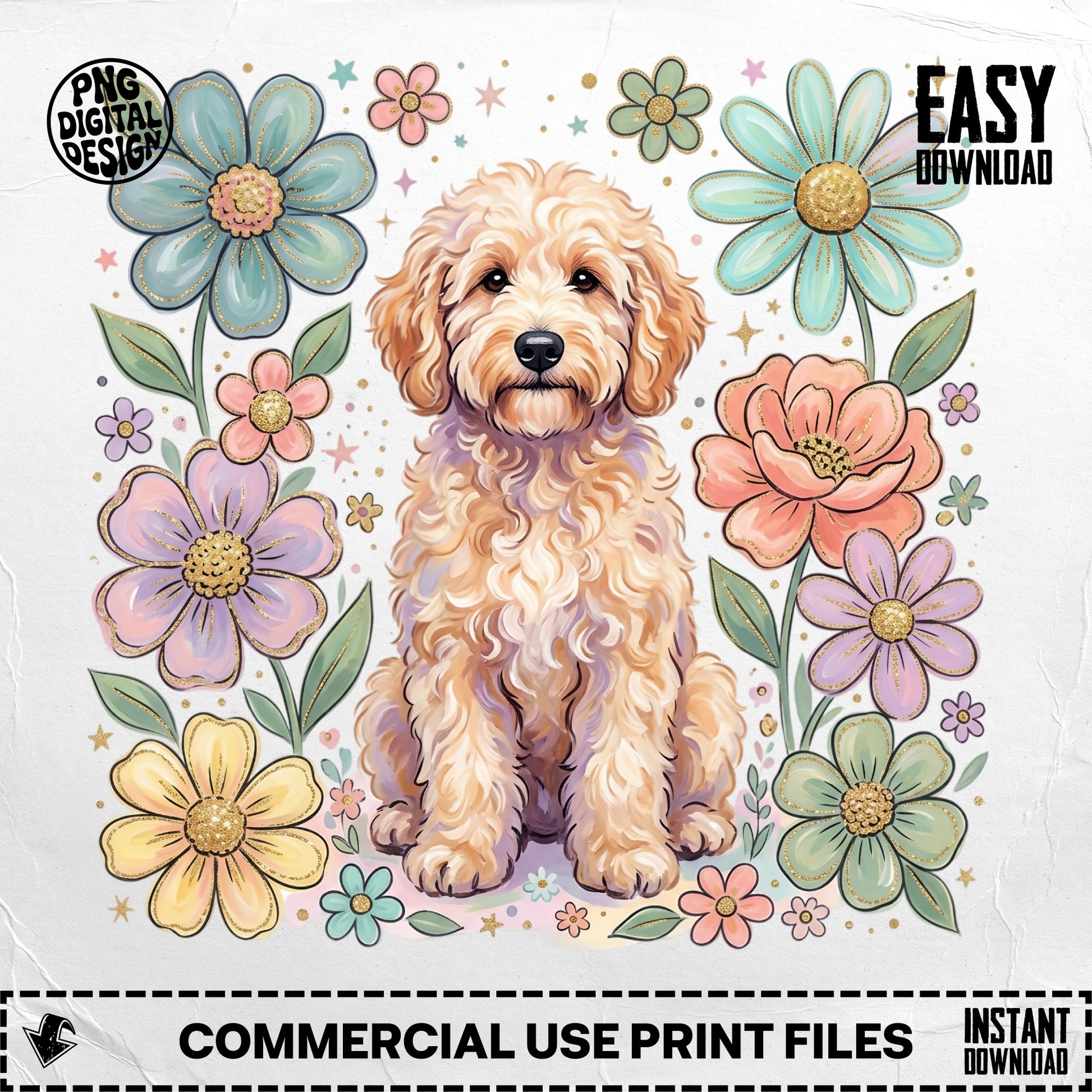 Goldendoodle dog surrounded by pastel watercolor flowers, "Easy Download" text.