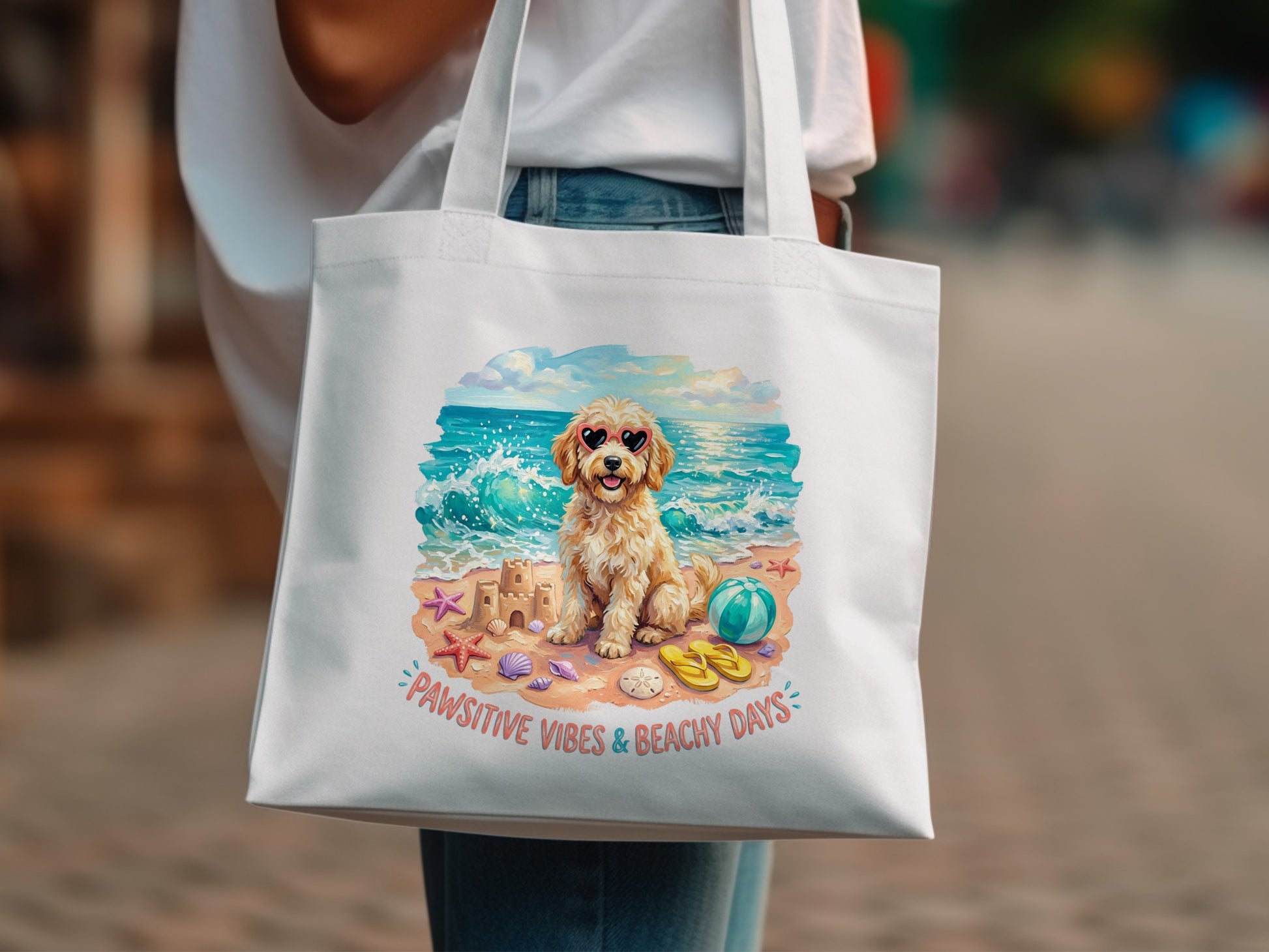 Golden retriever wearing sunglasses on a beach with shells and flip-flops.