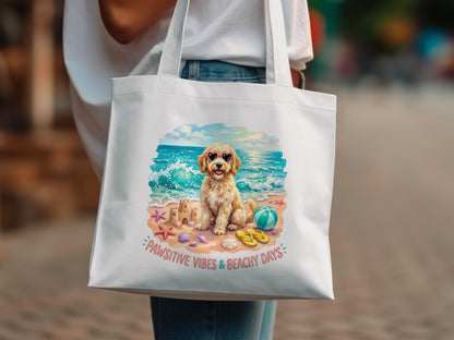 Golden retriever wearing sunglasses on a beach with shells and flip-flops.