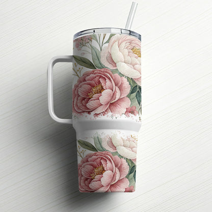 White tumbler with pink and cream peony floral design and straw.