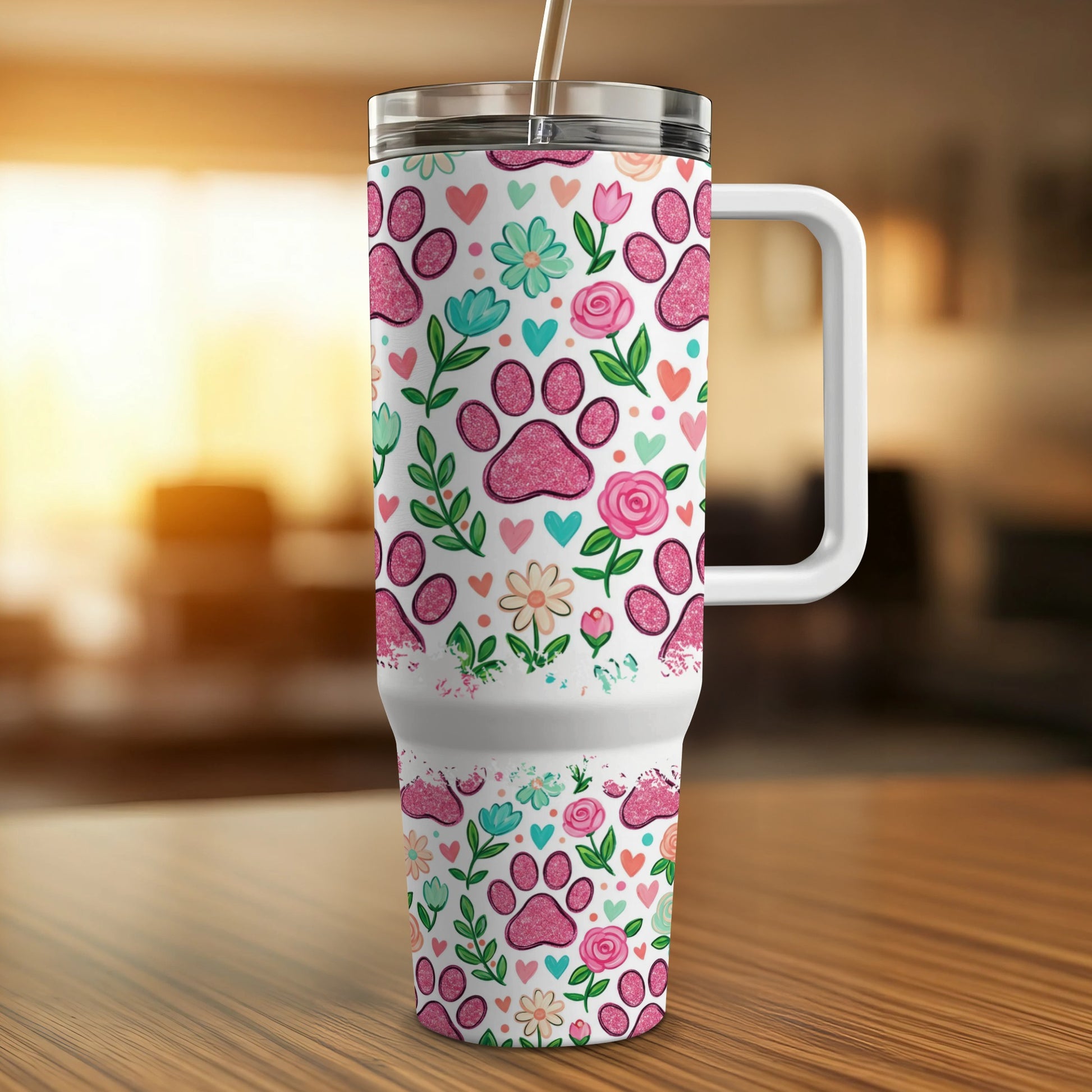 White tumbler with pink paw prints, hearts, and flowers pattern.