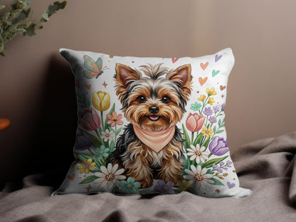 Yorkshire Terrier dog wearing bandana, surrounded by flowers and butterflies.