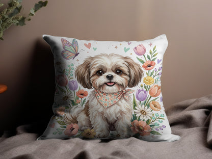 Shih Tzu wearing a bandana, surrounded by colorful spring flowers and butterflies.