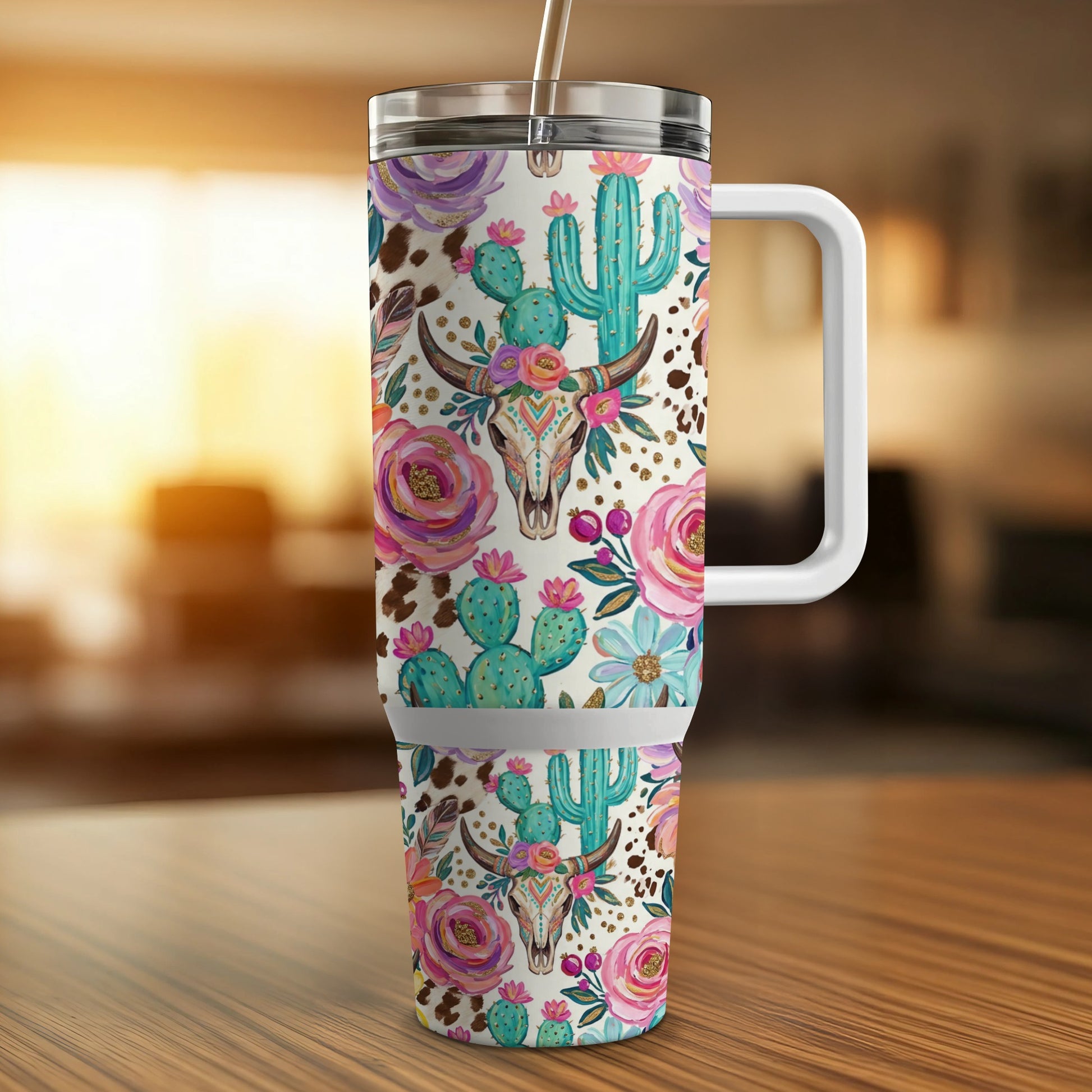 Floral cactus and steer skull pattern on a white insulated tumbler with handle.