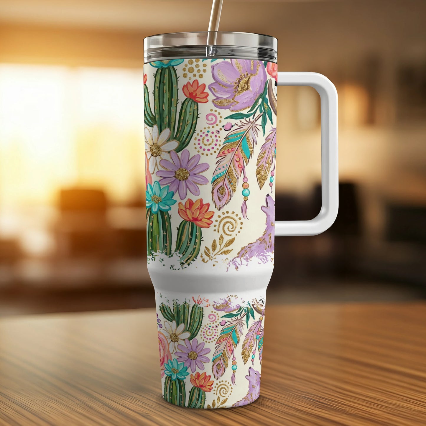 Floral cactus tumbler with feathers and paw prints.