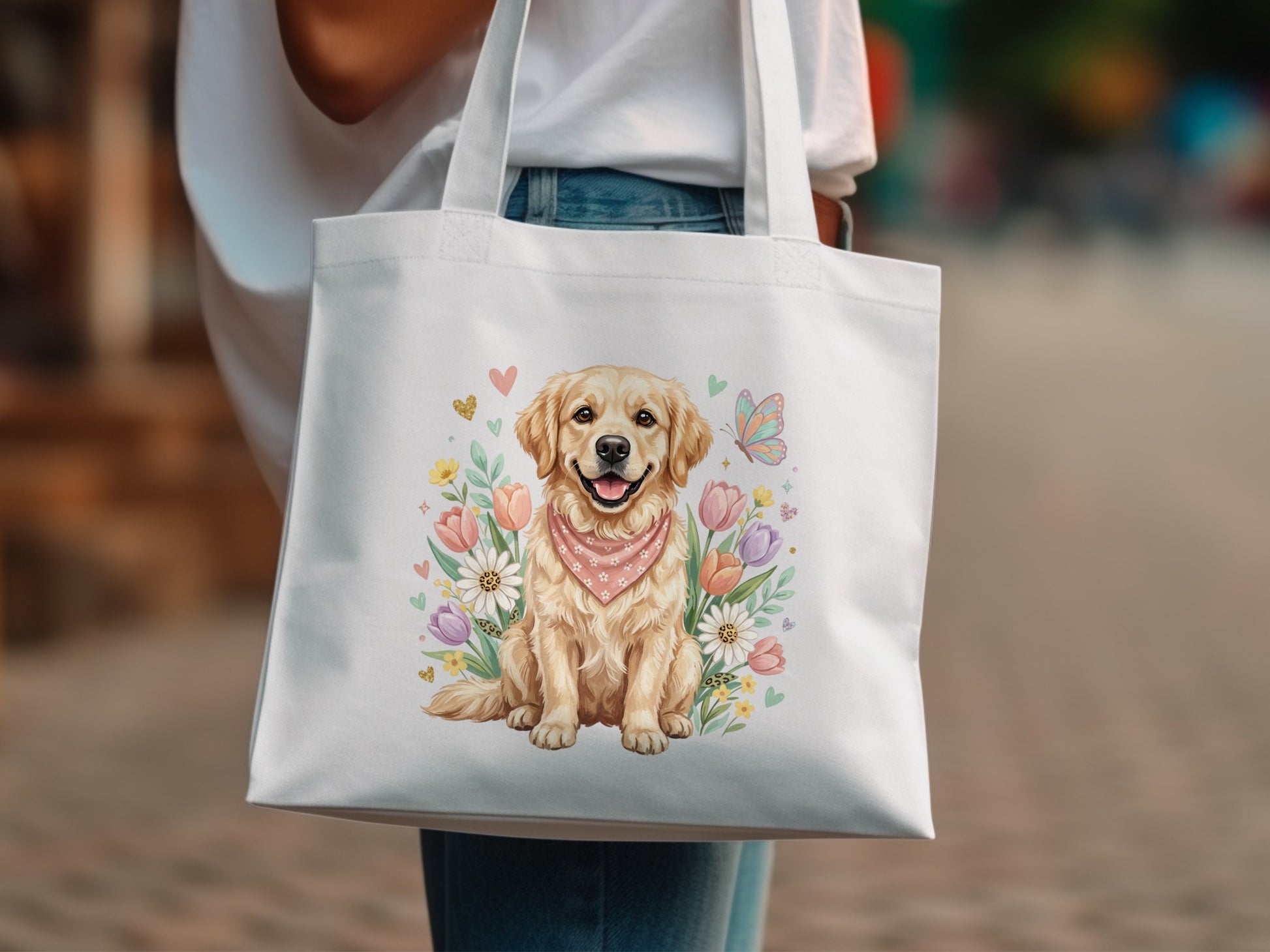 Golden retriever dog wearing bandana surrounded by flowers and butterfly on tote bag.