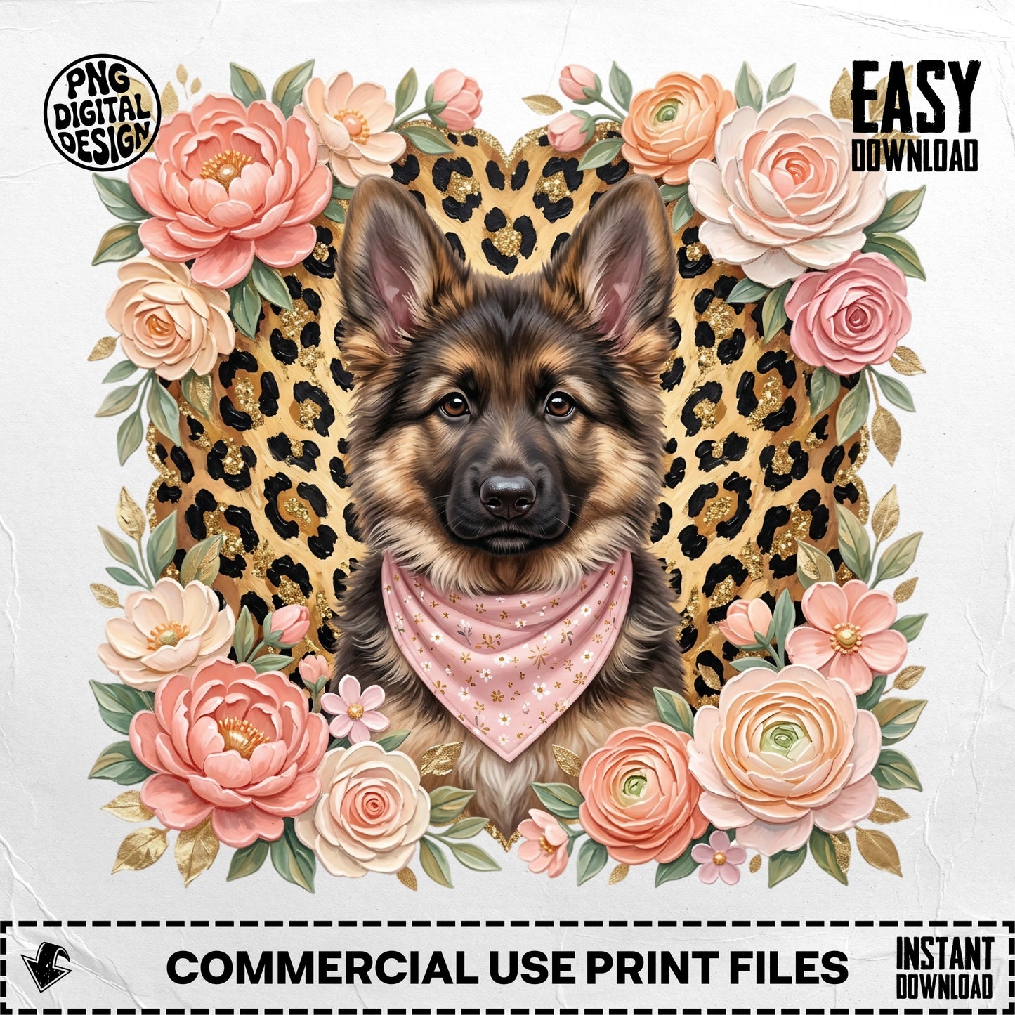 German Shepherd dog wearing a pink bandana, framed by floral wreath.