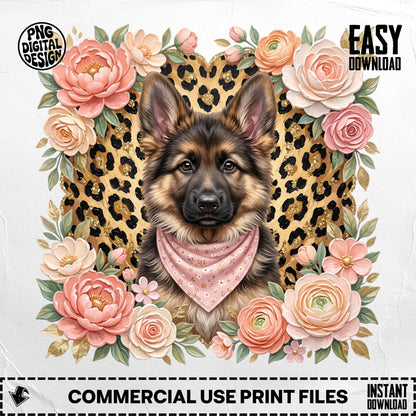 German Shepherd dog wearing a pink bandana, framed by floral wreath.