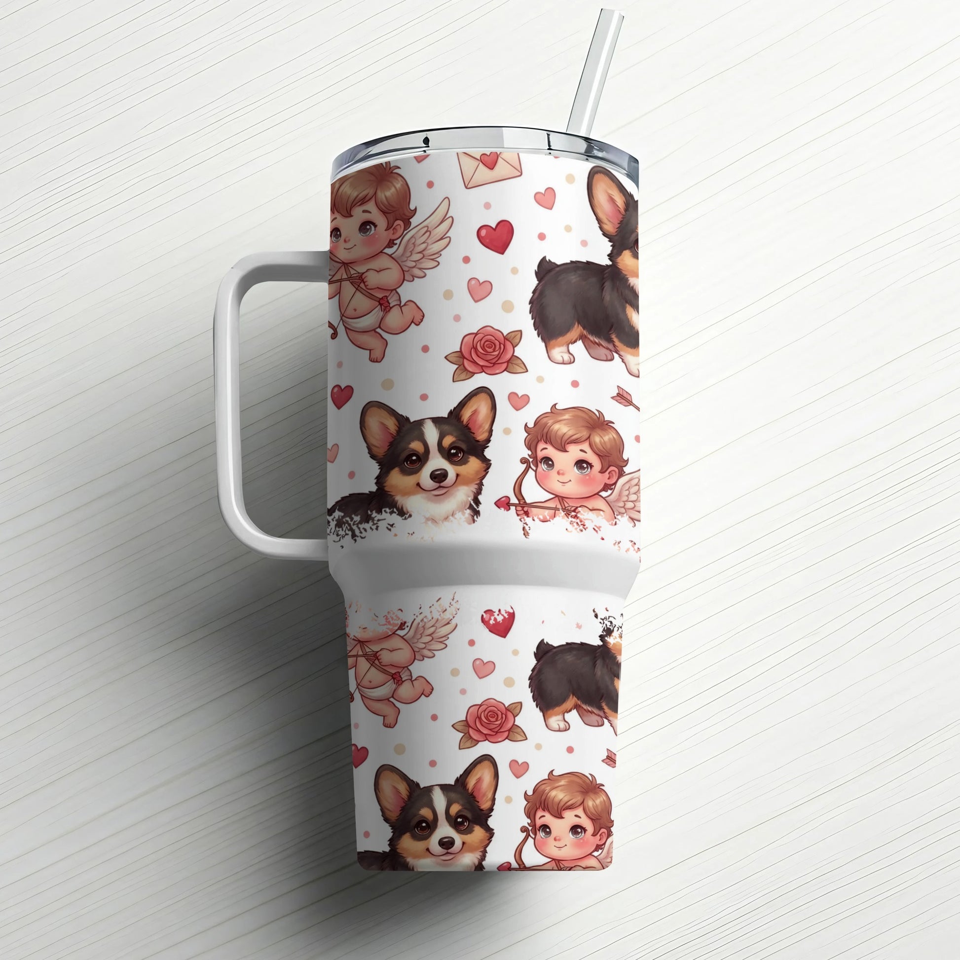 Cup with corgi dogs, cherubs, and hearts.