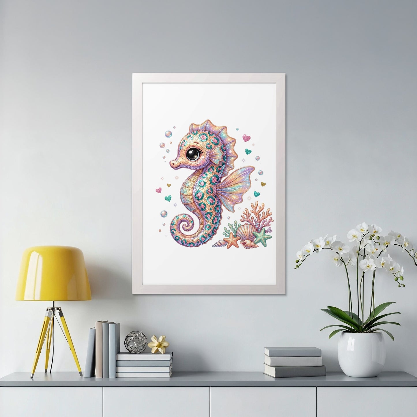 Whimsical seahorse with colorful, beaded texture, framed art.