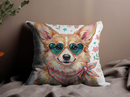 Corgi wearing heart sunglasses and bandana on a pillow.