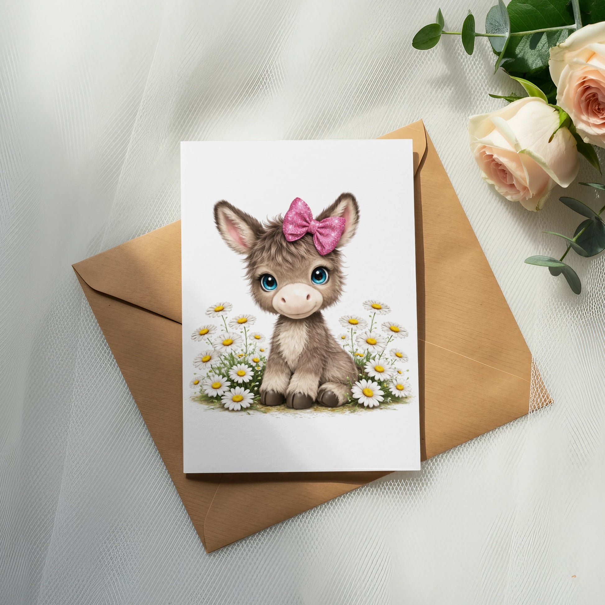 Cute cartoon donkey with pink bow and daisies on a greeting card.