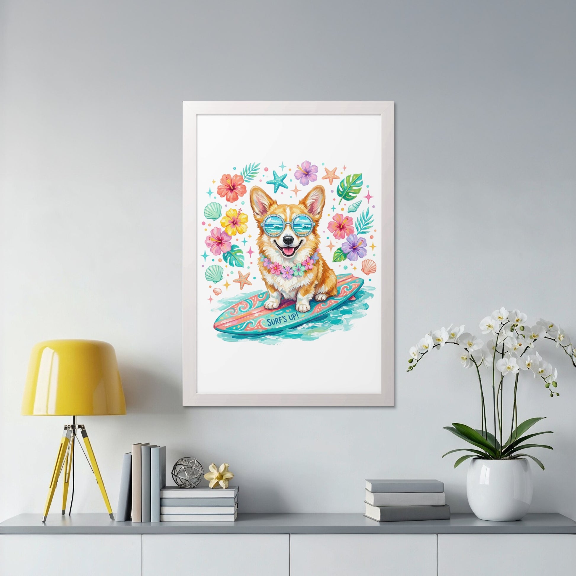 Cute corgi with sunglasses surfs on a wave surrounded by flowers and shells.